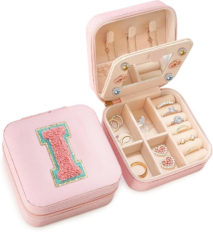SANDJEST Personalized Jewelry Box, Pink Travel Jewelry Box with Initial I, Small Monogrammed Jewelry Case Organizer for Girls Women Teen Kids, Mini Travel Essentials Gifts for Birthday Christmas by SANDJEST