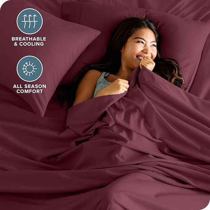 Bare Home Queen Sheet Set - 1800 Ultra-Soft Microfiber Queen Bed Sheets - Double Brushed - Deep Pockets - Easy Fit - 4 Piece Set - Bedding Sheets & Pillowcases (Queen, Burgundy)