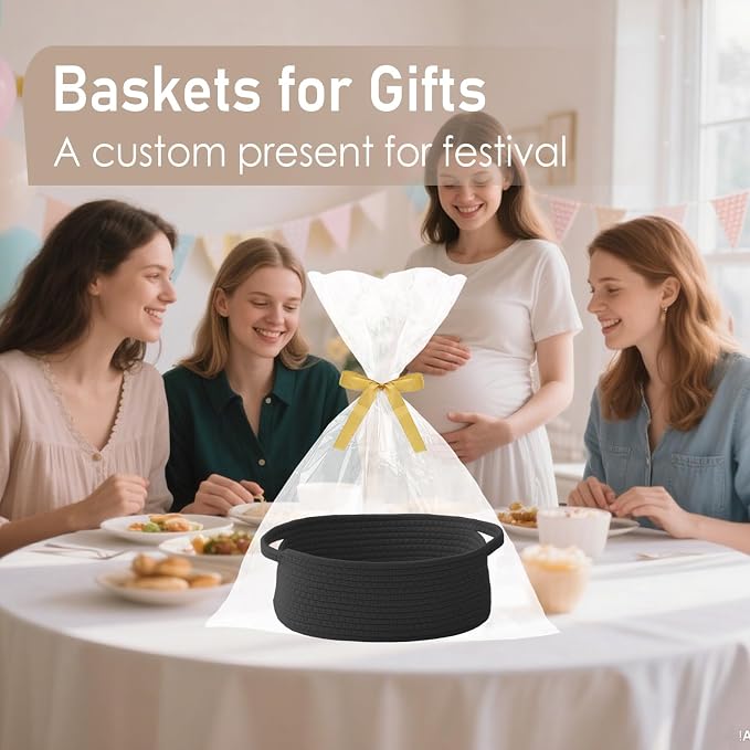 JMvicyroam Woven Basket,Small Rope Storage Bin with Handles & Ribbon Bag, Organizer for Shelves Closets,Gift Basket Empty for Birthday,Books,Dog Toys, Black - Image 4
