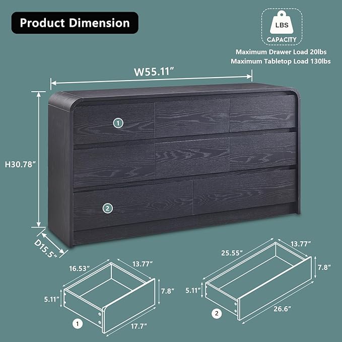 Aitjunz Modern 8 Drawers Dresser for Bedroom, 55" Wide Dressers & Chest of Drawers w/Curved Profile Design, Wood Mid Century Storage Dressers Organizer for Bedroom, Living Room, Black