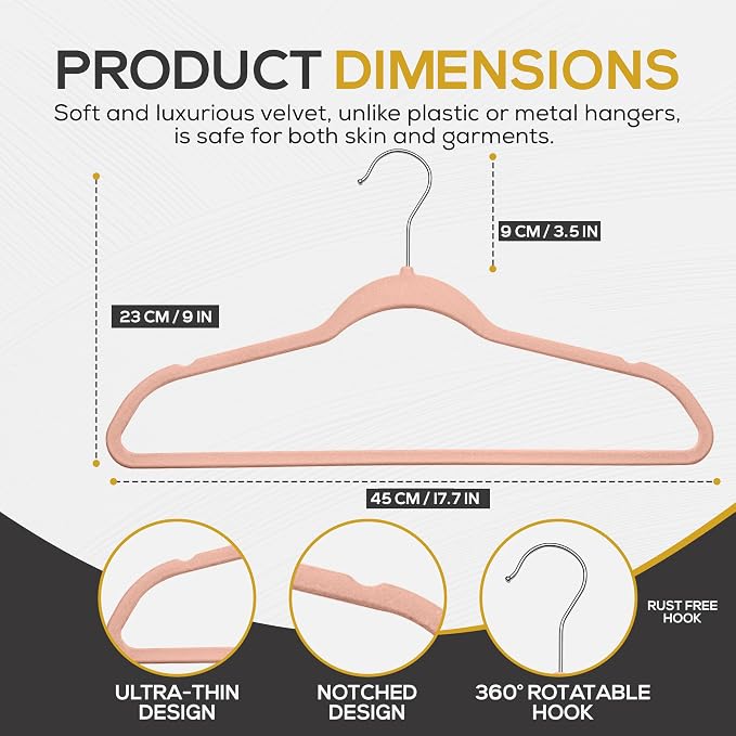 Techzoo 50 Pack New Premium Quality Velvet Hangers Ultra Thin Non Slip Adult Felt Space Saving Hangers for Closet Heavy Duty Coat Pants Jackets Dress Hangers 360° Swivel Hook Hold Upto 10lbs Rose Gold - Image 2