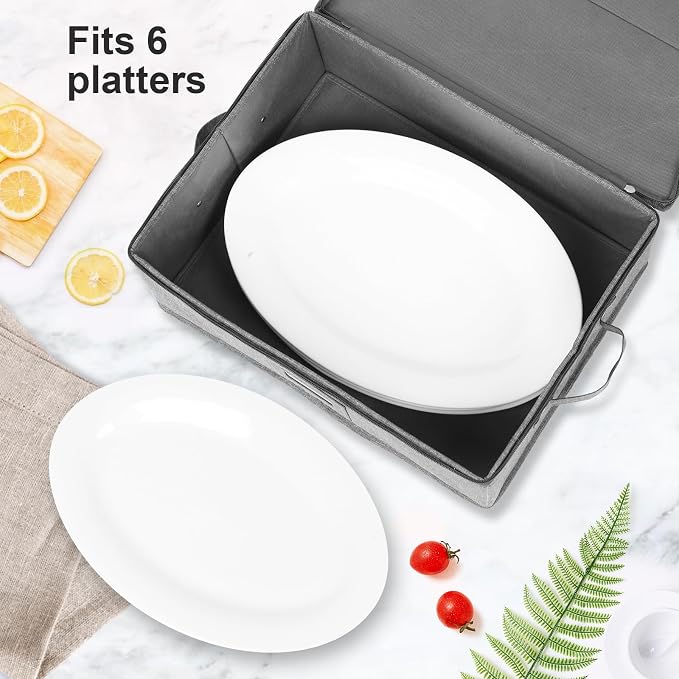 China Storage Containers Hard Shell 2 Pack, Platter Storage Case 17" x 13" x 6", 5 Felt Dividers Included, Structured Top and Stackable (Linen Grey) - Image 2