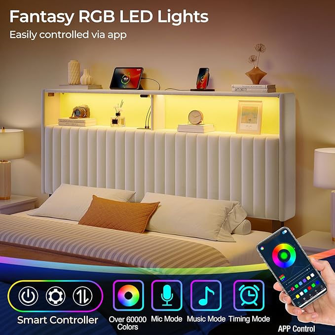 Rolanstar Headboard for Full Size Bed with Storage, 60,000 DIY Color of LED Light, Head Board with USB & Type C Port, Height Adjustable, Velvet Upholstered, Comfortable Modern, Light White