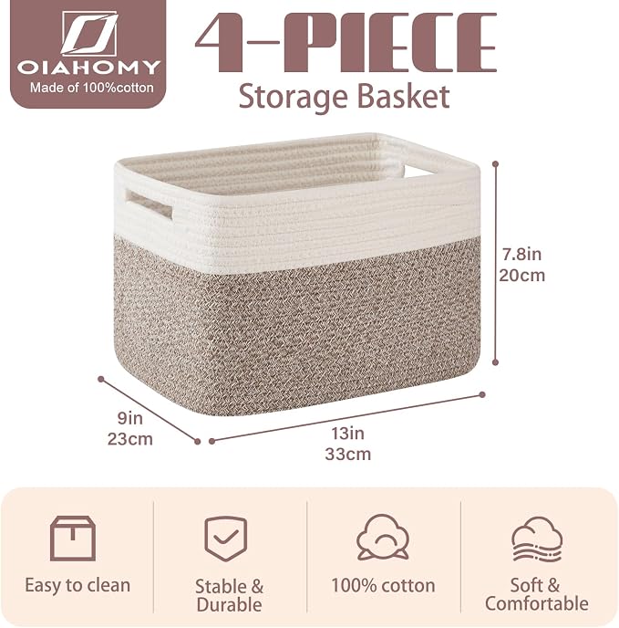 OIAHOMY 4 Pack Storage Baskets for Organizing, Basket for Shelves with Handle, Woven Baskets for Storage Toys, Towels, Books, Cotton Rope Basket 13" L x 9 " W x 7.8 " H, Deep Brown & White - Image 2