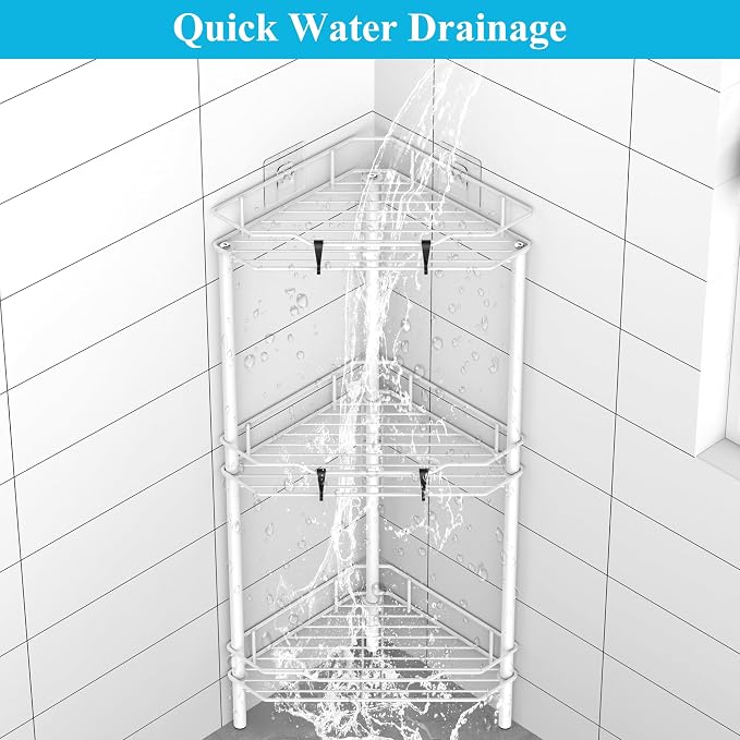 HuggieGems 3 Tier Floor Standing Corner Shower Caddy Organizer Shelf with Hooks, Bathroom Shelves Stand Rack, White - Image 6