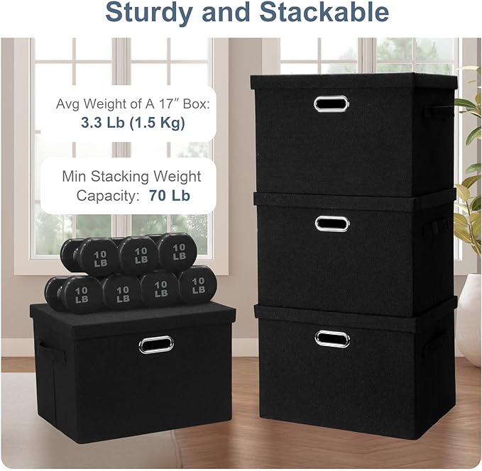 Graciadeco Large 17" 36 Quart Collapsible Stackable Storage Bins with Lids, 5 Packs Black Linen Fabric Closet Boxes with Lids, Storage Cube Baskets Container Organizers for Bedroom Office(17 x12 x11) - Image 4