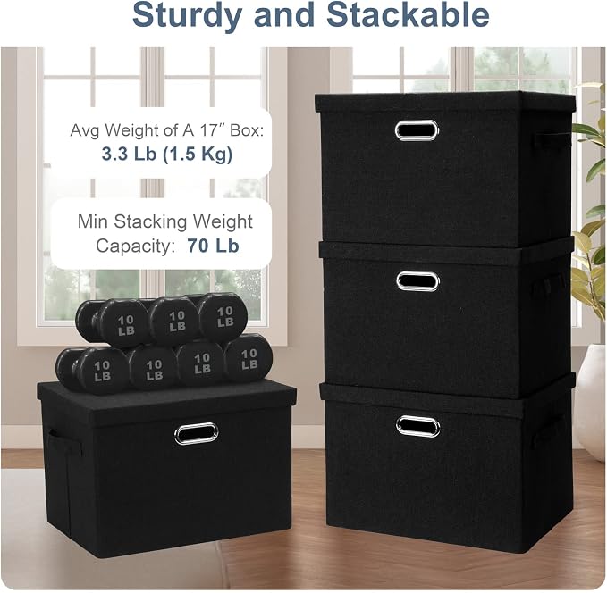 Graciadeco Large 17" 36 Quart Collapsible Stackable Storage Bins with Lids, 3 Packs Black Linen Fabric Closet Boxes with Lids, Storage Cube Baskets Container Organizers for Bedroom Office(17 x12 x11) - Image 4
