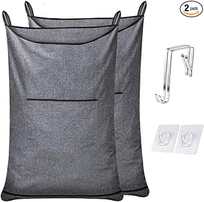 XL Hanging Hamper, Over The Door Hamper with Free Hanging Hooks, Space Saving Over Door Laundry Bag and Laundry Basket for Storage, 2 Pack, (36x22Inch Pop Heather Grey) by MakeLifeSimpleandEfficient