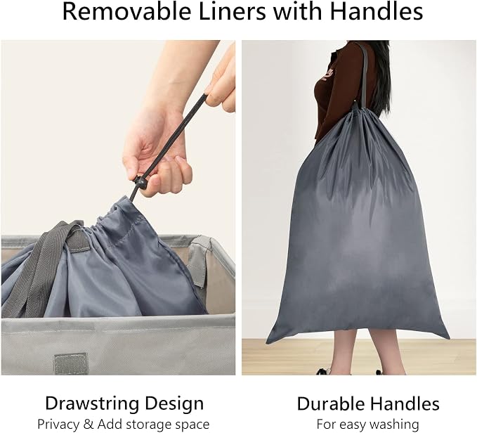 WOWLIVE 100L Laundry Hamper with Lid, Large Foldbale Laundry Basket with 2 Removable Bags and Handles, Tall Collapsible Dirty Clothes Hamper for Laundry Room, Bathroom, Dorm (Grey) - Image 5