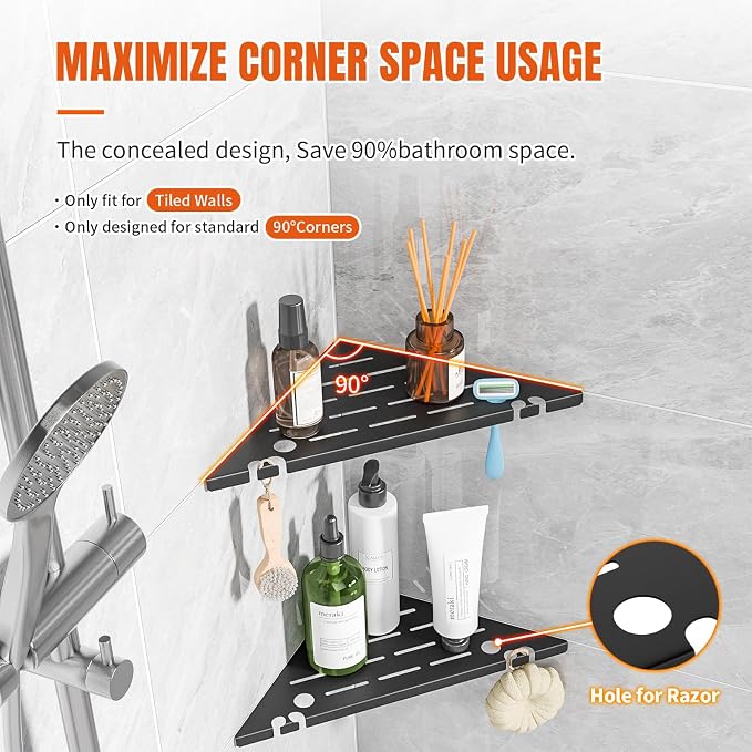 Permanent Tile-in Corner Shower Shelves with Hooks, Modern 304 Stainless Steel Shower Caddy for Bathroom Renovation & Hotel, Heavy Duty No-Drill Grout Mount Organizer for Tile Wall,10", 2 Pack - Image 6