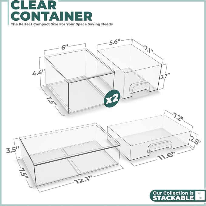 Sorbus Stackable Acrylic Storage Drawers – 4 Small + 2 Wide – 6 Pack Clear Plastic Organizer Bins for Baby Bottles, Makeup, Bathroom & Vanity, Pull-Out Drawer Design for Kitchen Cabinets - Image 5