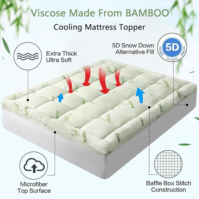 PATSBA Premium Viscose Made from Bamboo California King Size Mattress Topper, Quilted Fitted Extra Thick Mattress Pad,Pillow Top Mattress Cover with Deep Pocket Up to 21 Inches（72 * 84inch）