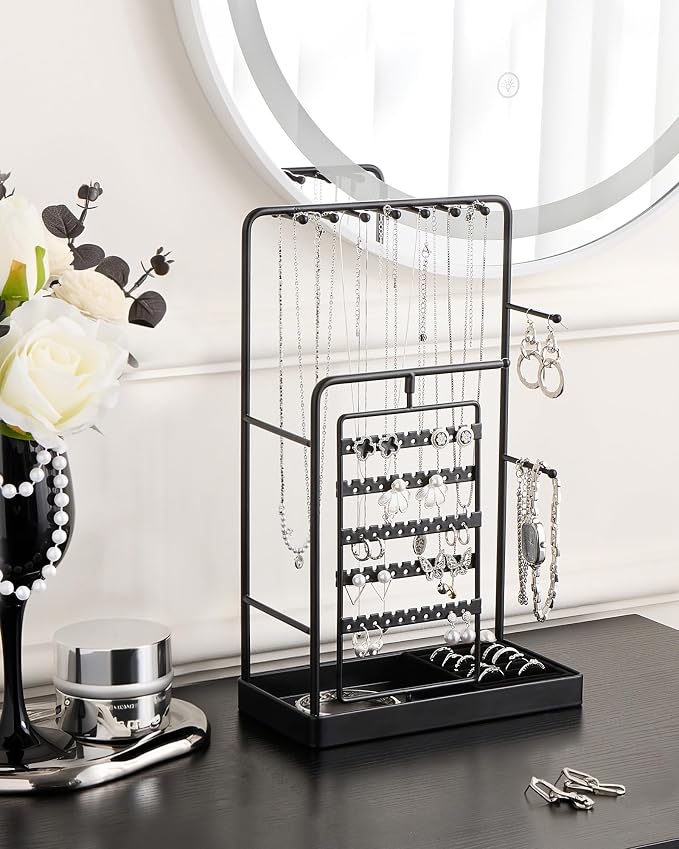 ProCase Jewelry Stand Holder Organizer, Jewelry Display Storage with Ring Tray, Rotating Earring Bracelet Necklace Holder, Valentine's Gifts Room Dorm Decor for Teen Girls -Black (No-Assembly) - Image 2