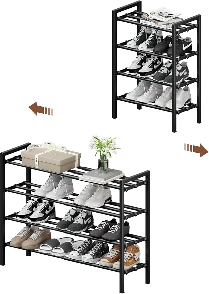 4-Tier Expandable Shoe Rack, Adjustable Shoe Shelf Storage Organizer Heavy Duty Metal Free Standing Shoe Rack for Entryway Closet Doorway (Black) by HDDTTZFURNITUREMAKEYOURDALIYLIVEBETTERANDBETTER