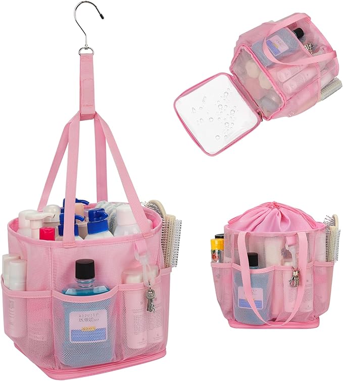 Shower Caddy Portable for College Dorm Room Essentials, Hanging Shower Caddy with Hook and Drawstring, Quick Dry Mesh Shower Bag with 6 Pockets for Bathroom, Swimming, Gym, Camping, Beach, Travel by onemoky