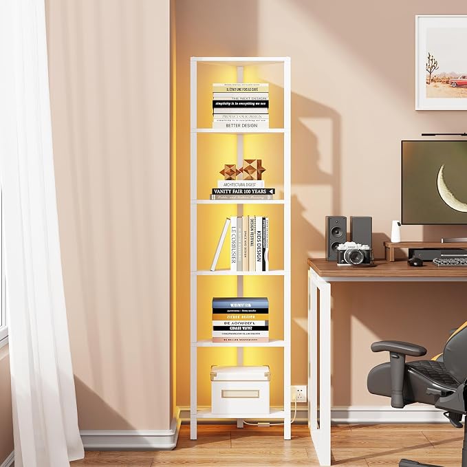 TUTOTAK 6-Tier Corner Bookshelf with LED Light,Corner Shelf for Small Space, Narrow Display Corner Shelf Stand with Storage Rack, for Living Room, Bedroom, Pure White V1BS05BW006L - Image 4