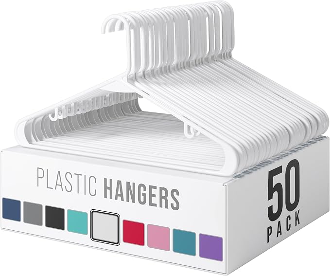 Plastic Hangers 50 Pack White - Clothes Hangers - Makes The Perfect Coat Hanger and General Space Saving Hangers for Closet and New Apartment Essentials - Percheros Ganchos para Colgar Ropa Hangars by Neaterize