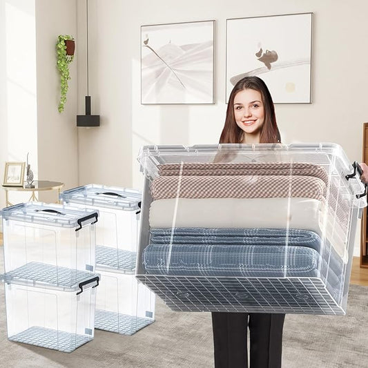 90 Quart 4-Pack Heavy-Duty Stackable Clear Storage Bins with Lids - Premium Clear Plastic Organizing Containers for Home, Office, Closet & Bathroom BPA-Free, Secure Latches and Pull Handles