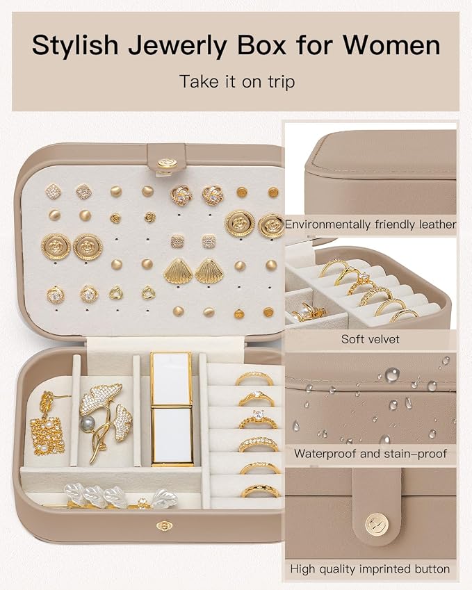 VLANDO Travel Jewelry Case for Women Girls Mothers, PU Leather Small Jewelry Box for Rings, Necklaces, Bracelets, Earring Holder Organizer Storage for Travel Accessories, Valentines Gift - Toffee - Image 4