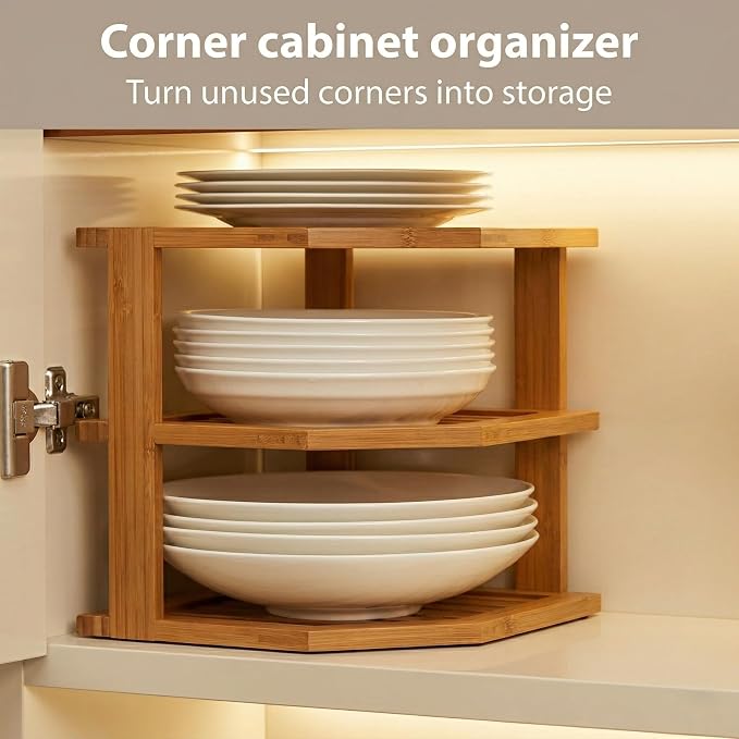 Plate Organizer for Cabinet - 3 Tier Bamboo Corner Shelf Cabinet Organizer for Plates, Bowls, Mugs and Pantry Storage, Space Saving Countertop and Cabinet Corner Shelf, 10 x 10 x 9.5 Inch, Bambusi - Image 4