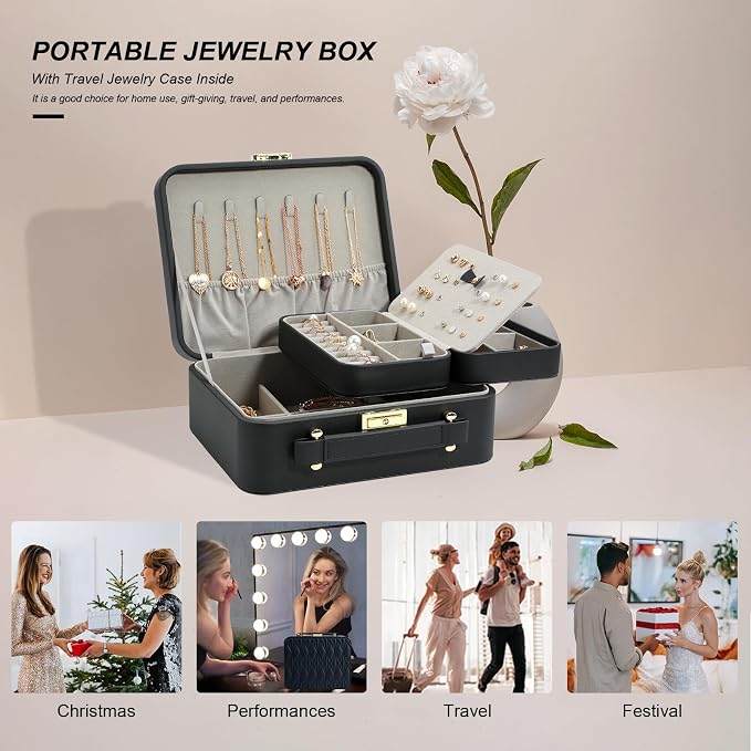 Portable Jewelry Box, Large Travel Jewelry Case Organizer (Black) - Image 6