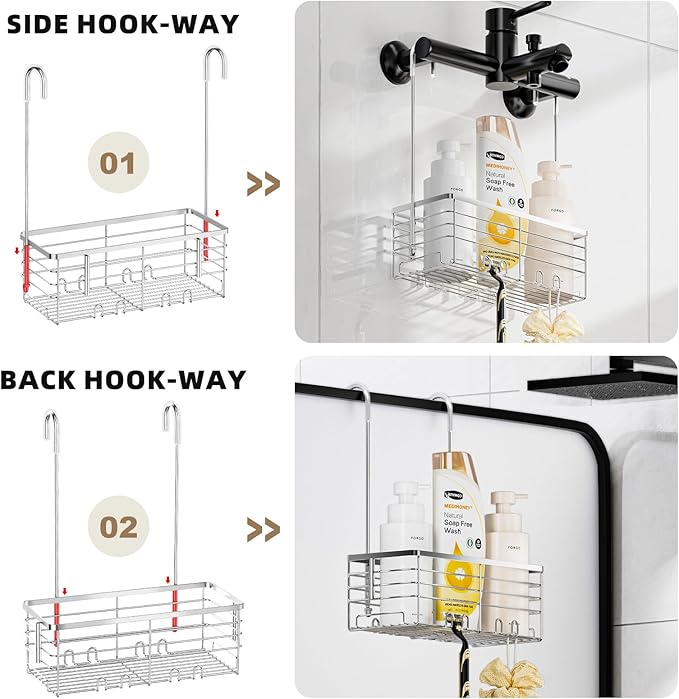 SHANSHUI Shower Hanging Caddy, Bathroom Shower Organizer Basket, Shampoo Bracket, Over Door Showers Rack with Hooks, 304 Stainless Steel Rustproof - Image 3
