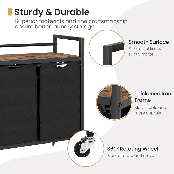 SwaaVee Laundry Hamper, Laundry Basket, Laundry Sorter with 2 Removable Bags, Clothes Basket with 2 Compartments, Wheels, Shelf for Laundry Room Bathroom Bedroom (2 Bags-Black) - Image 5