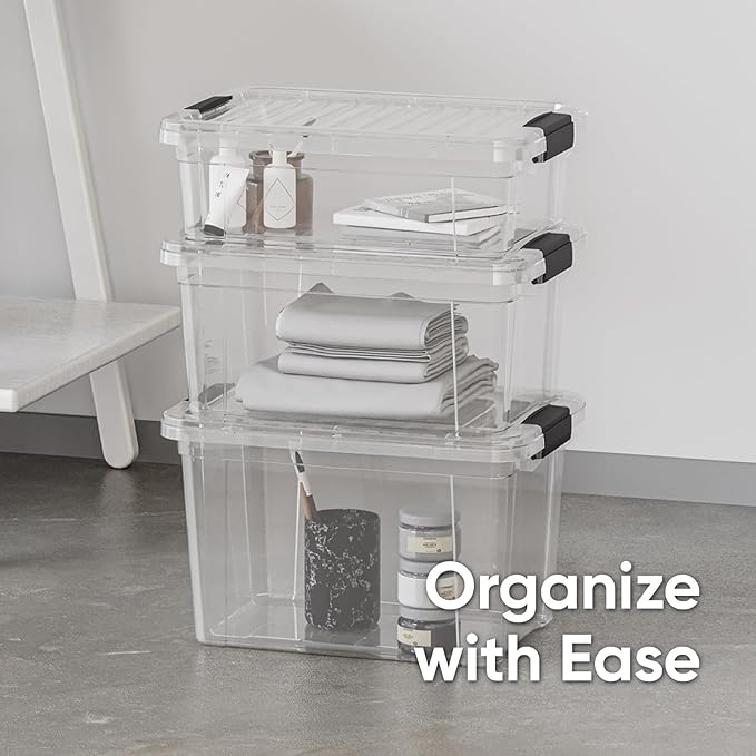 Superio Small Clear Storage Boxes with Lids, 4.75 Quart Plastic Container Bins for Organizing, Stackable Crates, BPA Free, Non Toxic, Odor Free, Organizers for Home, Office, School, and Dorm