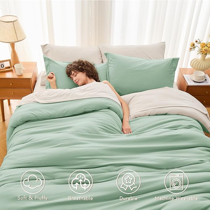 MUXHOMO 7 Pieces Full Comforter Set, Soft Bed in a Bag Full Size, All Season Bedding Set with Comforter, Flat Sheet, Fitted Sheet, Pillowcases & Shams, Sage Green & Beige