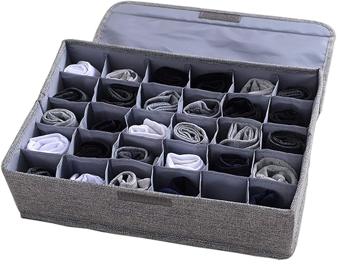 AARAINBOW Underwear Socks Ties Storage Organizer with Lids Foldable Closet Drawer Organizer 30 Cells, Fabric Wardrobe Divider Storage Box for Scarves and Lingerie (30 Cell, Gray) by AARAINBOW