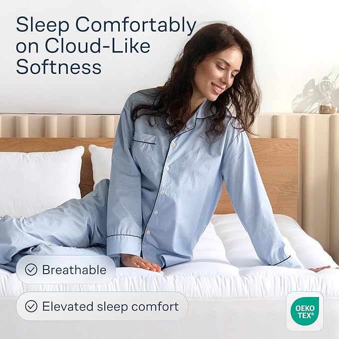 Cloud-Like King Mattress Topper - 100% Cotton Top Mattress Pad for Back Pain Relief - Breathable & Naturally Cooling for Hot Sleepers, White