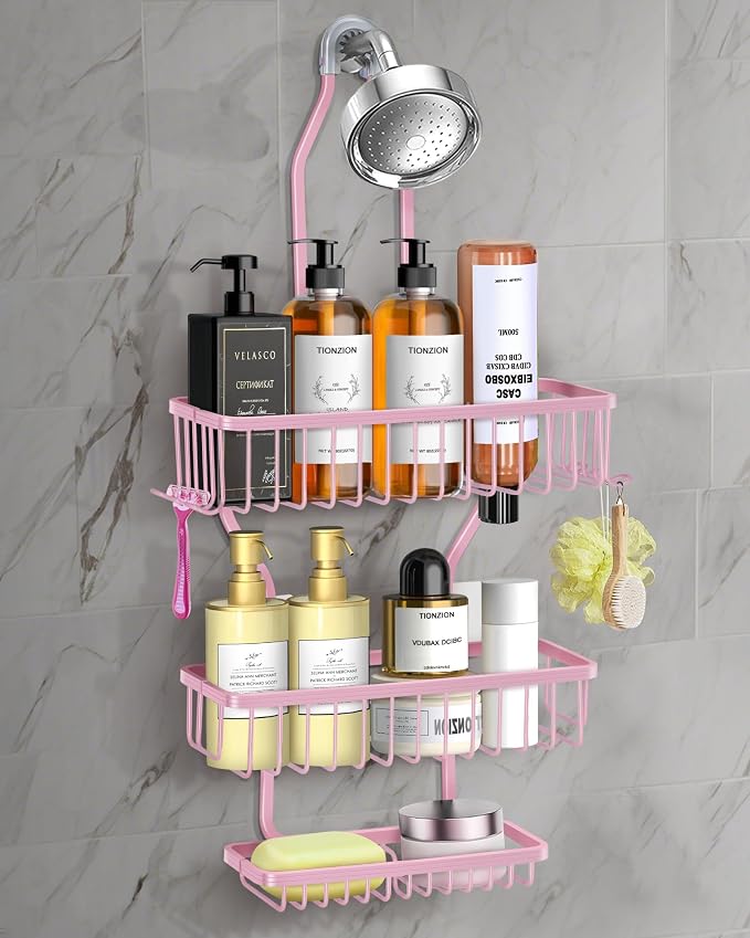 Pink Shower Caddy for Bathroom - Never Rust Hanging Shower Organizer with Soap Basket and Hooks - Large Capacity 3 Tier Aluminum Over The Showerhead Caddy by MSAICOE