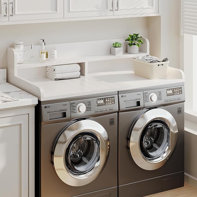 2-Tier Washer Dryer Countertop with 2.75"H Edge Rails, 54" W x 27.55" D Laundry Countertop for Folding Clothes, Washer and Dryer Topper with Non-Slip Pad (White) - Image 5