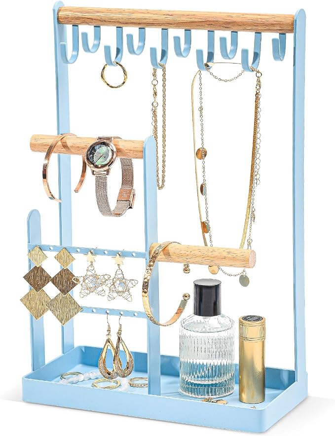ProCase Cute Jewelry Stand, Aesthetic Jewelry Organizer for Dresser Vanity, Jewelry Holder Display for Necklaces Earrings, Gifts for Teen Girls Women, Bedroom Dorm Decor -Medium, Blue by ProCase
