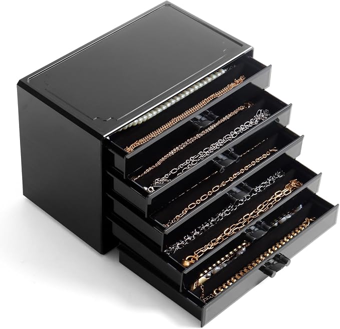 YUFONG Necklace Holder Organizer, Dustproof Necklace Box Velvet Necklace Organizer Box with Lid Clear Acrylic Dustproof Stackable Jewelry Displays for Necklaces Chain Display (Black Black, 5 Drawer) by YUFONG