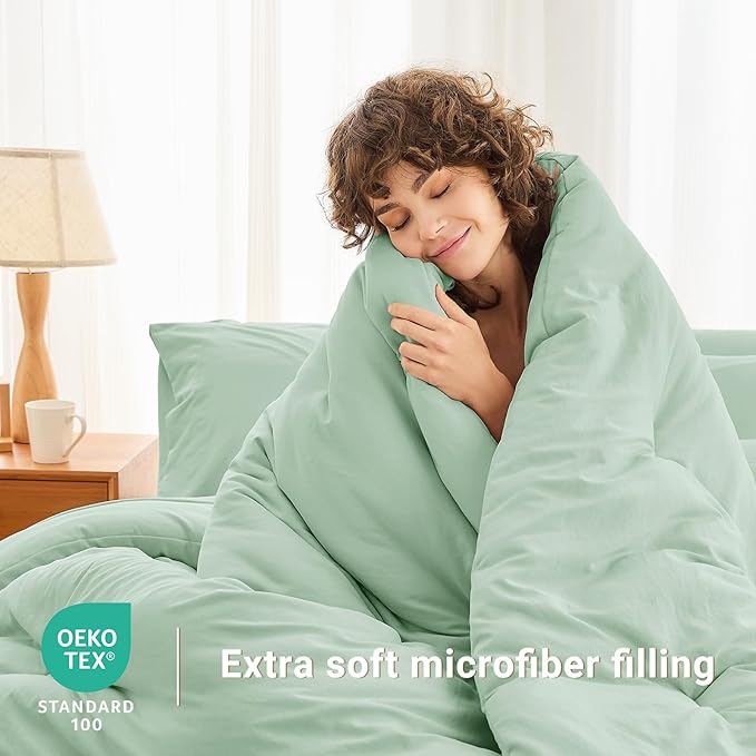 MUXHOMO 7 Pieces Full Comforter Set, Soft Bed in a Bag Full Size, All Season Bedding Set with Comforter, Flat Sheet, Fitted Sheet, Pillowcases & Shams, Sage Green