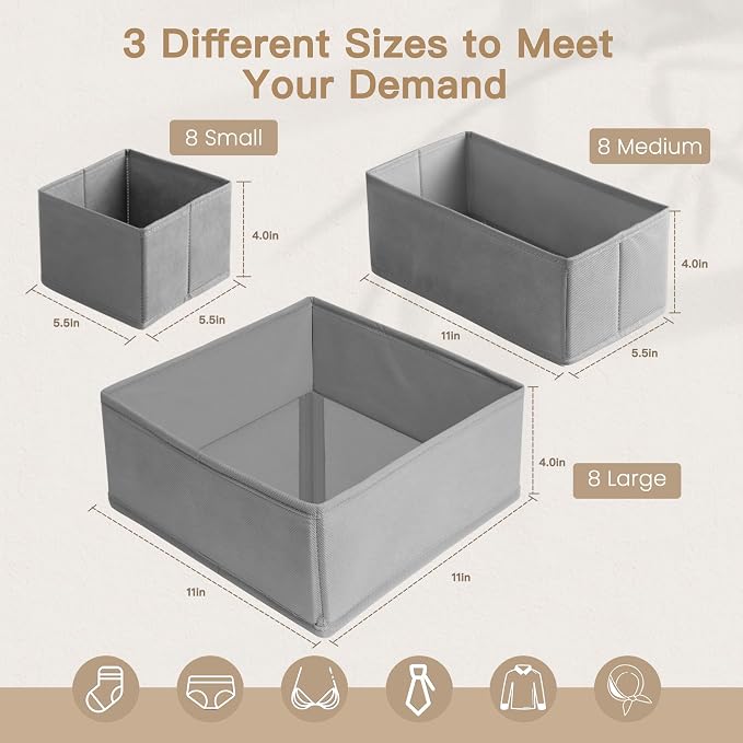 Criusia Drawer Organizer Clothes, 24 Pack Dresser Organizer for Baby Clothes, Underwear, Sock- Foldable Closet Organization and Storage Dividers Bins for Nursery, Bedroom and Dorm (Grey) - Image 2