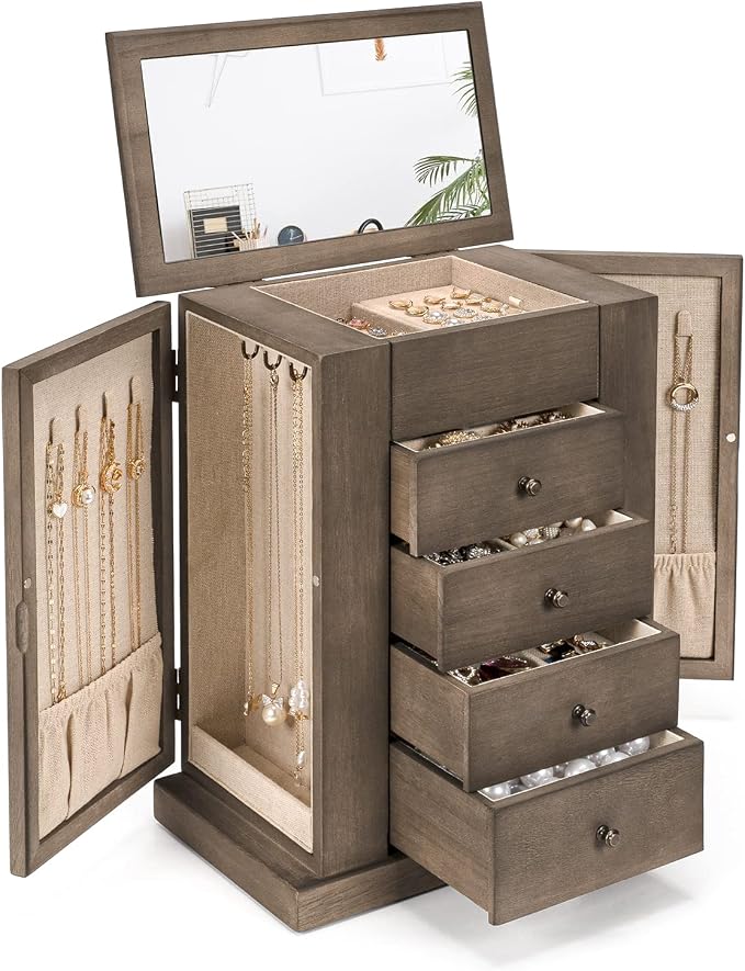 Emfogo Jewelry Box for Women, 5 Layer Large Wood Jewelry Boxes & Organizers for Necklaces Earrings Rings Bracelets, Rustic Jewelry Organizer Box with Drawers and Mirror(Weathered Gray) by Emfogo