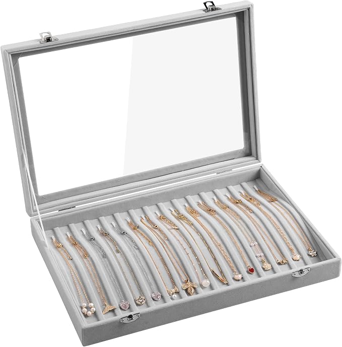 Frebeauty 15 Hooks Necklace Tray Velvet Neckalce Organizer with Clear Lid Lockable Necklace Holder Box Jewelry Organizer for Pendants Chains Necklace Jeweley Tray for Women Girls(Grey) by Frebeauty