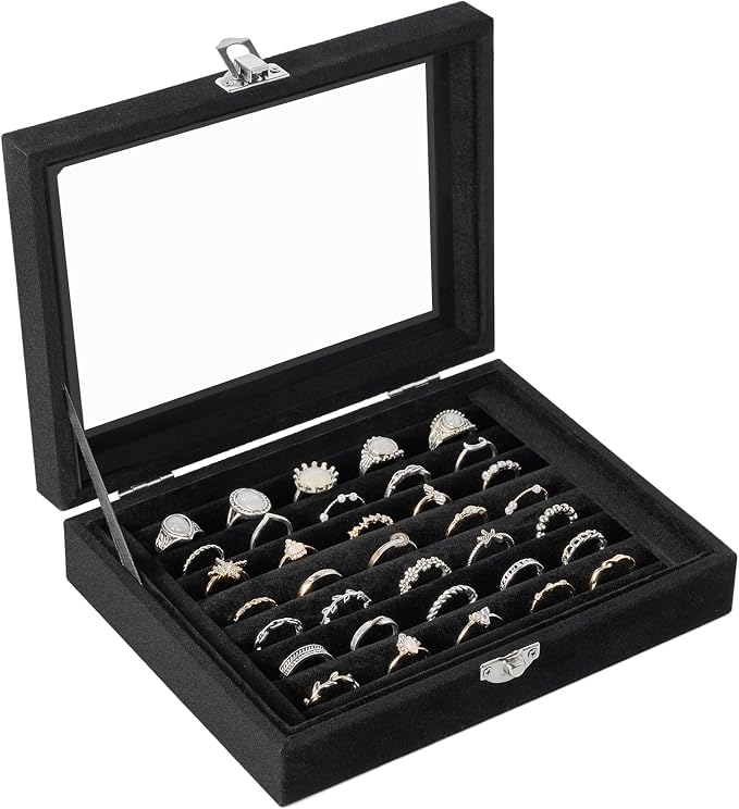 Velvet Ring Organizer Box, 7 Slots Jewelry Holder with Glass Lid Earring Display Tray Storage Case Gift for Women and Girls (Black) by Jutieuo