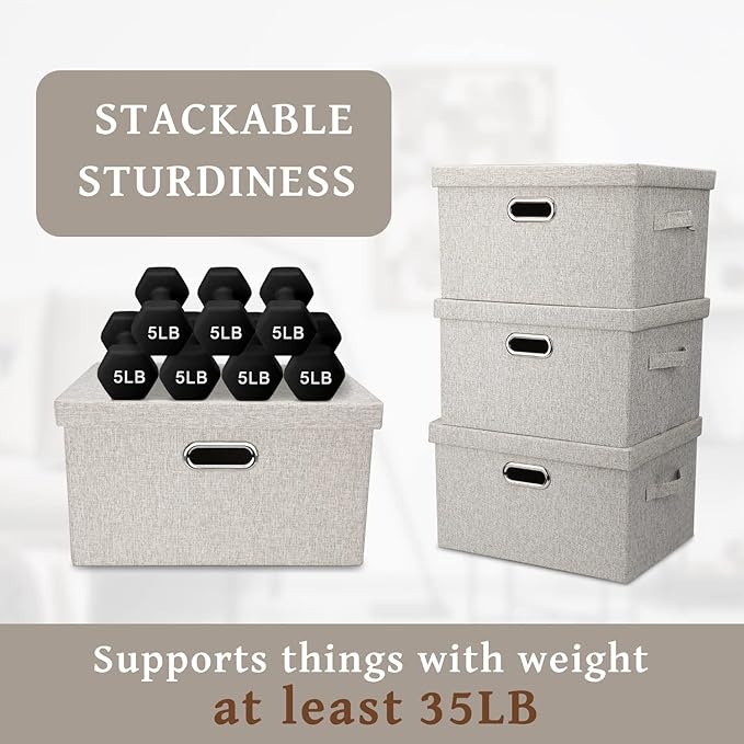 Graciadeco Medium 15" 21 Quart Collapsible Stackable Storage Bins with Lids, 5 Packs Beige Foldable Fabric Closet Boxes Heavy-duty Linen Cube Baskets Container for Bedroom Office (15 x 11 x 8) - Image 4