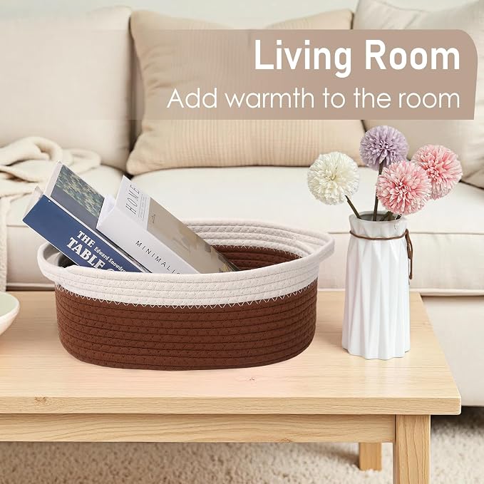 JMvicyroam Woven Basket,Small Rope Storage Bin with Handles & Ribbon Bag, Organizer for Shelves Closets,Gift Basket Empty for Birthday,Books,Dog Toys, White&Brown/2 Pack - Image 7
