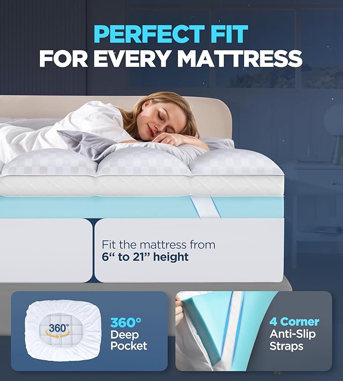 Dual Layer Memory Foam Mattress Topper for Pain Relief with 2X Support, 2" Fluffy Pillow Top Full Mattress Topper Plus 2" Odor-Free Cooling Gel Memory Foam Ultra Comfort Mattress Pad Cover