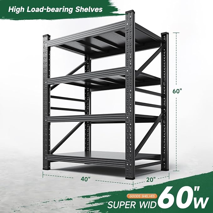 Letaya 2000LBS Storage Shelves Heavy Duty,60" H Garage Shelving Units, 4 Tier Adjustable Utility Rack Shelf,Large Metal Industrial Shelves,for Shop,Warehouse,Basement,Black (40" W x 20" D x 60" H) - Image 2