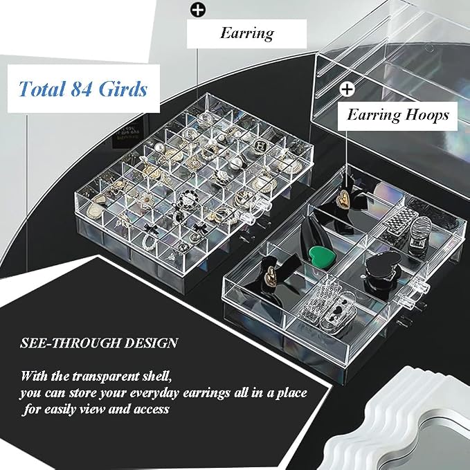 YUFONG Jewelry Boxes Earring Storage Box Organizer 5 Drawers Jewelry Organizer Acrylic Jewelry Storage Box Holder Compartment Transparent Display Storage Case Gift for Women Girls (84 Girds) - Image 3
