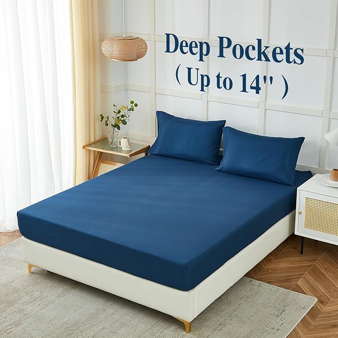 ILAVANDE Navy Queen Sheets Set 4 Piece, Hotel Luxury Super Soft 1800 Series Microfiber Navy Blue Bed Sheets Set-Wrinkle Free & Breathable-14 Deep Pocket Sheets for Queen Size Bed(Queen,Navy Blue)