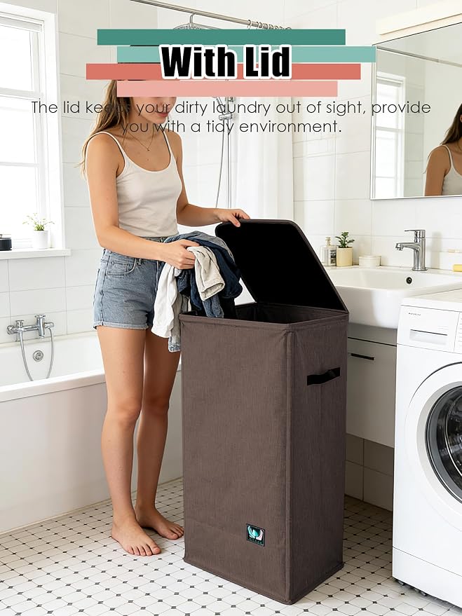 WTREE Laundry Hamper with Lid, Reinforced Sturdy Clothes Hamper with Anti-Puncture Base, Large Collapsible Laundry Basket with Removable Liner Bag, Tall Dirty Clothes Bin for Family, 100L Chocolate - Image 2