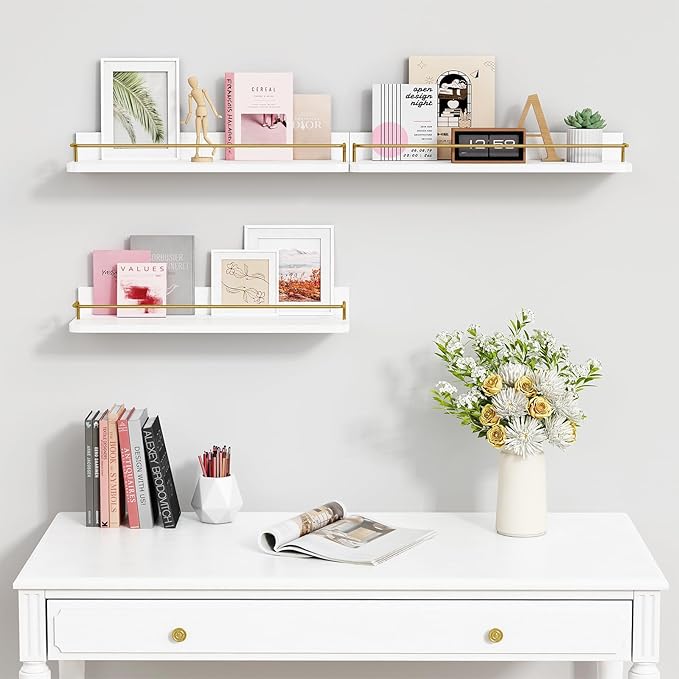 Forbena Gold Floating Shelves for Wall Decor Set of 3, Bathroom Shelves Over Toilet, Modern Display Wall Shelf with Guard Rail for Living Room Bedroom Organizers and Storage - White and Gold - Image 6