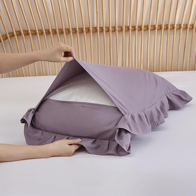 JANZAA Twin Comforter Set Grayish Purple Ruffle Comforter with 1 Pillowcase Soft Twin Size Bed Set Vintage Farmhouse Bed Comforter Set Fluffy Shabby Chic Bedding for All Season