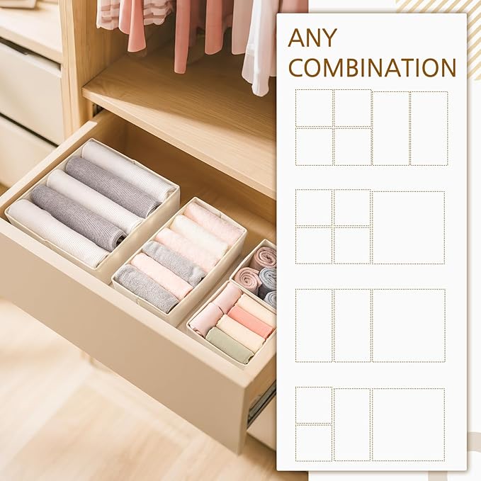 Criusia 15 Pack Drawer Organizer for Clothes, Foldable Dresser Dividers with 3 Sizes, Fabric Storage Bins – Beige - Image 7